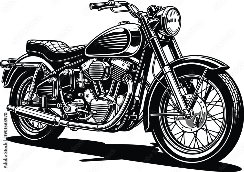 Obraz premium Detailed black and white illustration of a classic vintage cruiser motorcycle with chrome details.