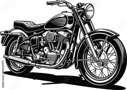 Detailed black and white illustration of a classic vintage cruiser motorcycle with chrome details.