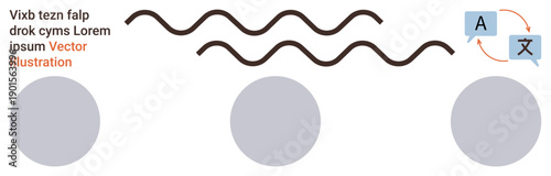 Language translation, accessibility, communication, learning, multilingual processing, text management. Symbols of translation process and lines flow. Language translation and accessibility