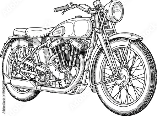 Detailed black and white line art illustration of a classic vintage motorcycle with an exposed Vtwin engine.