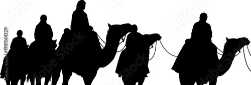 Camel Caravan Walking in Desert Sunset, Flat Vector Illustration of Travelers on Sand Dunes