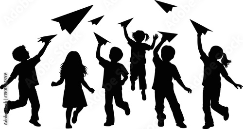 Children Playing with Paper Airplanes Silhouette Vector Illustration, Kids Dreaming of Future Concept