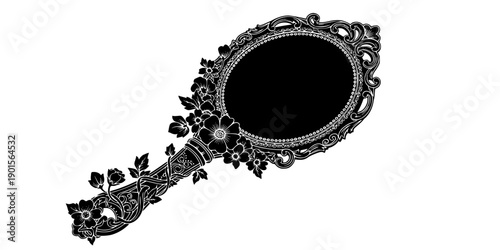 Ornate handheld mirror silhouette with floral handle and decorative frame isolated on white background
