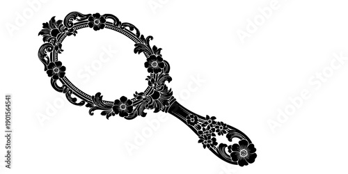 Ornate handheld mirror silhouette with floral handle and decorative frame isolated on white background
