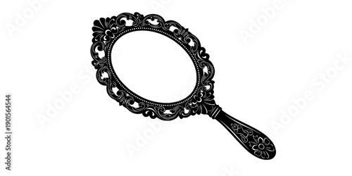 Ornate handheld mirror silhouette with floral handle and decorative frame isolated on white background
