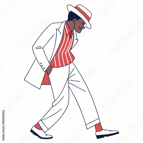 Brazilian Samba Dancer in White Suit and Hat Performing Dance Steps