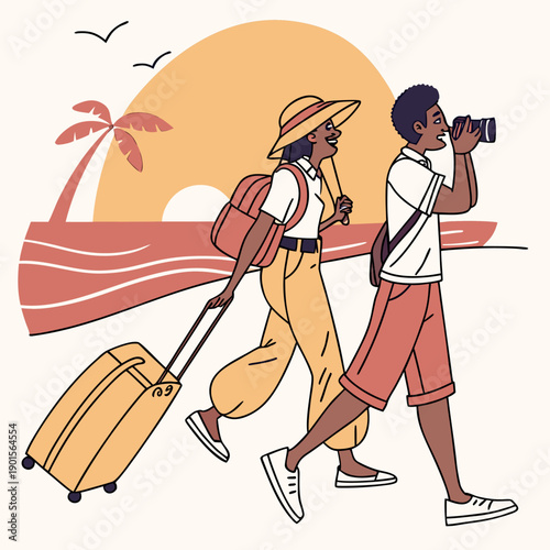 Tourist Couple Walking on Beach Boardwalk at Sunset with Suitcase and Camera
