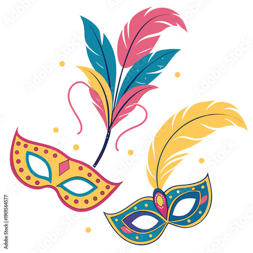 Colorful Carnival Masks with Feathers and Confetti Isolated on White