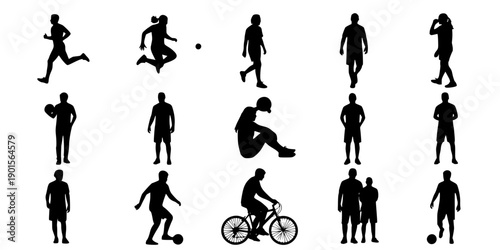 Collection of various silhouette people in different activities isolated on white background
