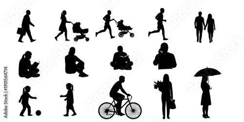 Collection of human silhouettes in various daily life situations and actions isolated on white background

