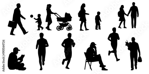 Collection of human silhouettes in various daily life situations and actions isolated on white background
