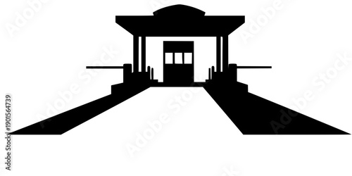 Minimalist black silhouette of a toll booth or gate on a road isolated on white background

