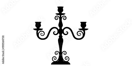 Black silhouette of a three-armed candelabra with curly metalwork isolated on white background
