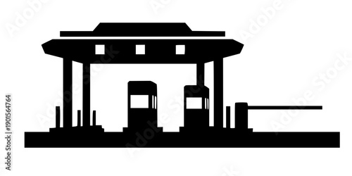 Minimalist black silhouette of a toll booth or gate on a road isolated on white background
