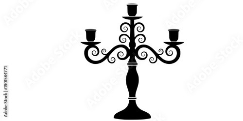 Black silhouette of a three-armed candelabra with curly metalwork isolated on white background
