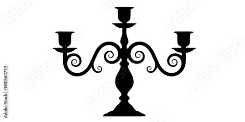 Black silhouette of a three-armed candelabra with curly metalwork isolated on white background
