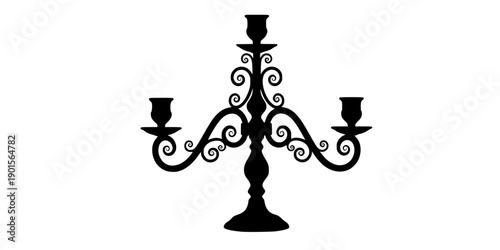 Black silhouette of a three-armed candelabra with curly metalwork isolated on white background
