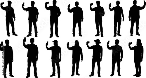 People Taking Selfie with Smartphone Silhouettes Set, Flat Vector Illustration Isolated