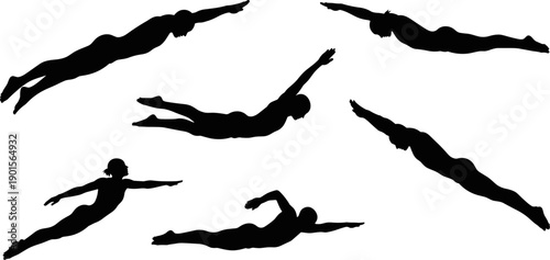Professional Swimmer Silhouettes in Various Swimming Strokes and Diving Poses Flat Vector