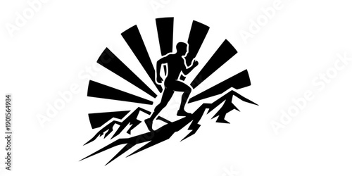 Silhouette of athletic man trail running uphill on rugged mountain terrain against rising sun, extreme sports vector art, minimalist logo design, isolated on white background 