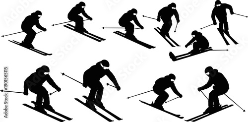 Skiing Silhouettes Vector Set, Alpine Skier Athletes Downhill Racing Flat Illustration on White
