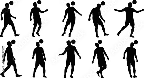 Soccer Player Heading Ball Silhouettes Set, Football Action Vector Illustration Isolated