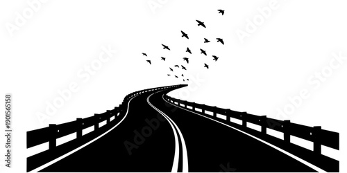 Silhouette of a winding road with guardrails and birds flying overhead in a flat illustration style isolated on white background
