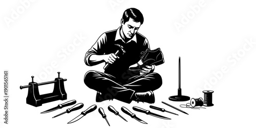 Man sitting on floor repairing shoe with tools around him in silhouette style isolated on white background
