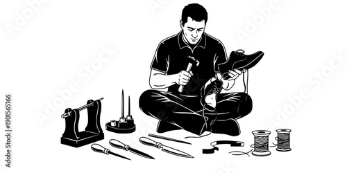Man sitting on floor repairing shoe with tools around him in silhouette style isolated on white background
