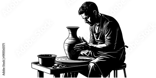 Man working on pottery wheel making ceramic vase silhouette vector illustration isolated on white background
