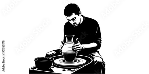 Man working on pottery wheel making ceramic vase silhouette vector illustration isolated on white background
