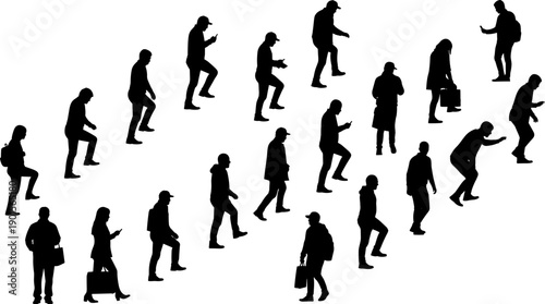 Vector Silhouette People Walking and Climbing Stairs Set, Isolated Flat Illustration for Progress