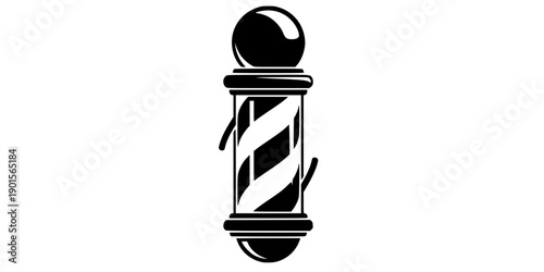 Classic black and white barber pole icon with swirling stripes and top sphere, simple graphic symbol for hair salon service, flat vector art, logo design, isolated on white background