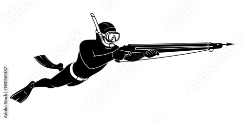 Silhouette of Spearfishing Diver in Wetsuit with Snorkel and Speargun Aiming Forward, Dynamic Underwater Hunting Pose, Minimalist Vector Art, Graphic Icon, isolated on white background