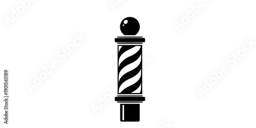Classic black and white barber pole icon with swirling stripes and top sphere, simple graphic symbol for hair salon service, flat vector art, logo design, isolated on white background