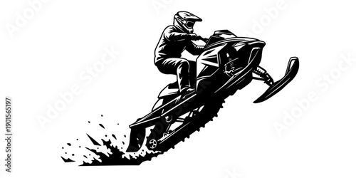 Black silhouette of extreme snowmobile rider wearing full helmet performing high jump with snow spray, dynamic action vector art, sticker design, isolated on white background