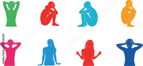 Set of colorful human silhouettes in various poses expressing stress, despair and relaxation, flat vector illustration.