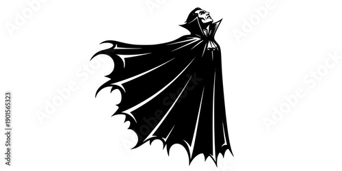 Dramatic black silhouette of a vampire figure looking upward with a dramatically flowing, wide cape, gothic horror vector art, 