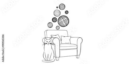 Minimalist line art illustration of a seated cat beside a cushioned armchair with abstract decorative spheres above
