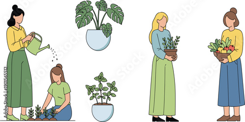 Set of women gardening, watering plants, planting seedlings and holding harvest, flat vector illustration on white background.