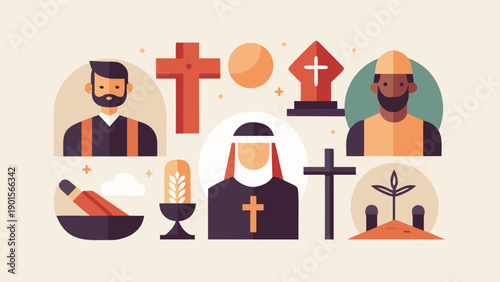 Christian Clergy and Religious Symbols Flat Illustration Set