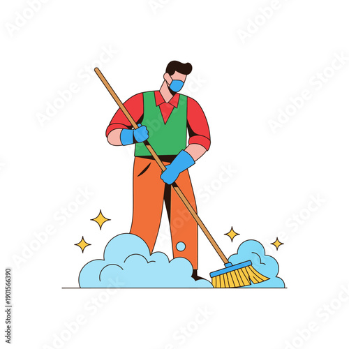 Man wearing protective gear sweeping the floor with a broom.