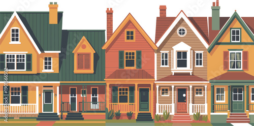 A row of colorful houses with porches and chimneys on a quiet suburban street