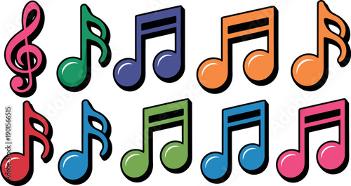 A colorful illustration of musical notes in various bright colors on a white background