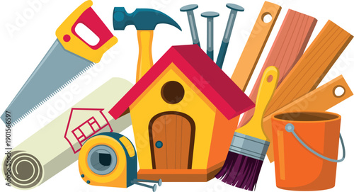 A collection of colorful carpentry tools and equipment for home improvement and DIY projects