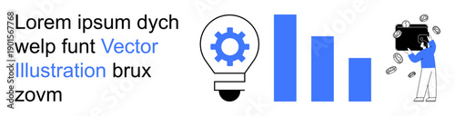 Business growth, entrepreneurship concepts, financial success, goal setting, strategy, innovation. Gear in a light bulb, bar graph and person collecting coins. Entrepreneurship and financial success