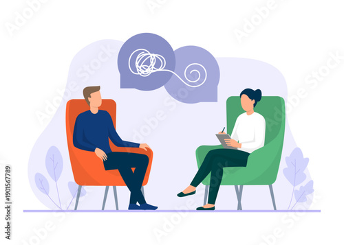 A patient talks to a psychologist who organizes messy thoughts into a clear spiral during a mental health consultation. Stock illustration.