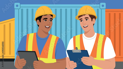 Two construction workers in hard hats and safety vests standing in front of shipping containers