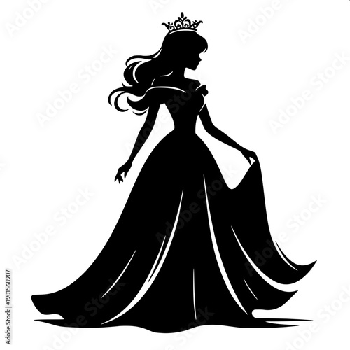 Black silhouette vector of medieval queen wearing crown and long royal gown, standing and holding crown above kneeling knight with sword, flat design, isolated on white background