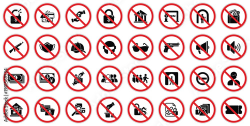A comprehensive collection of vector prohibition signs covering financial security, weapons, and access control